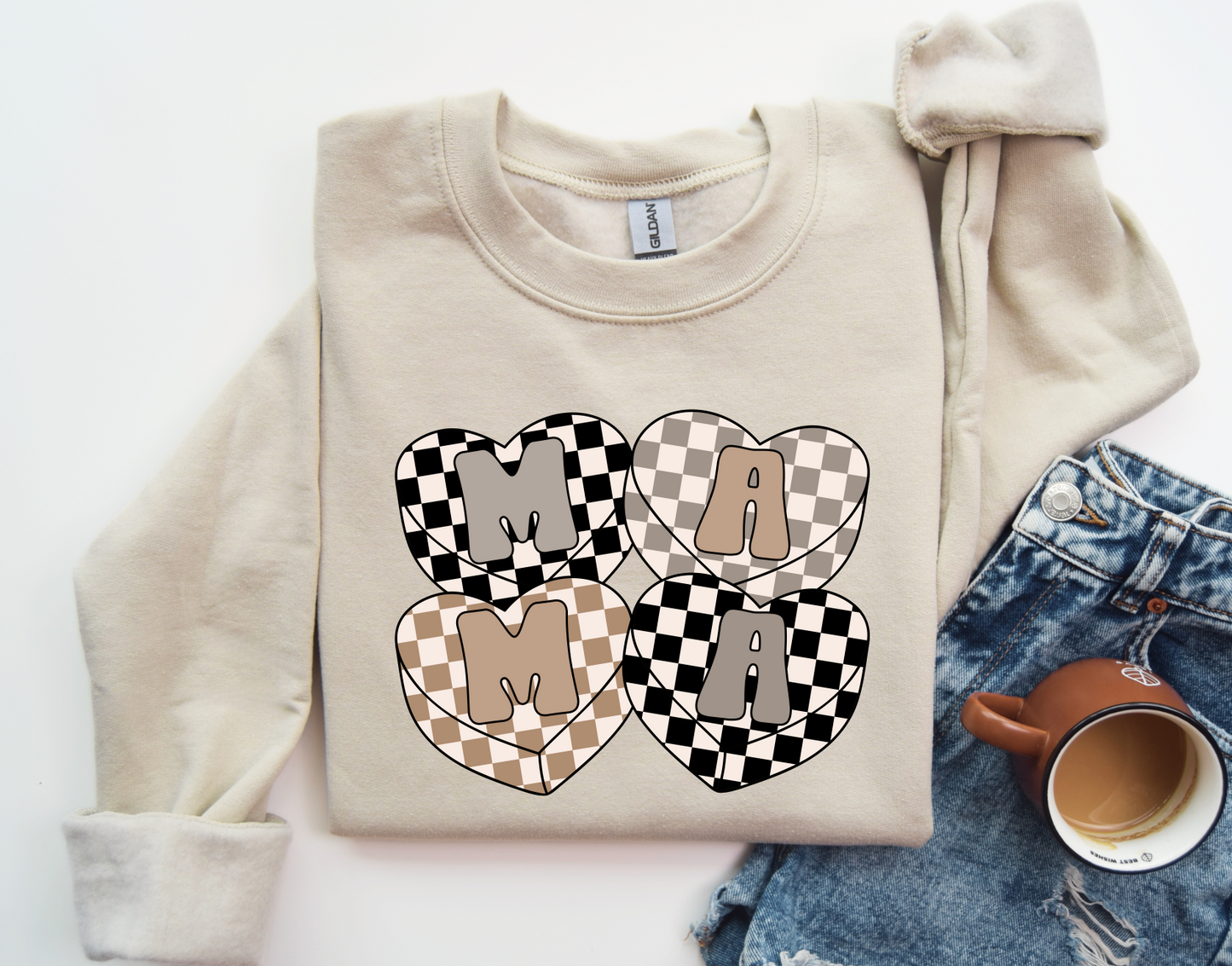Mama Neutral Checkered Hearts Sweatshirt
