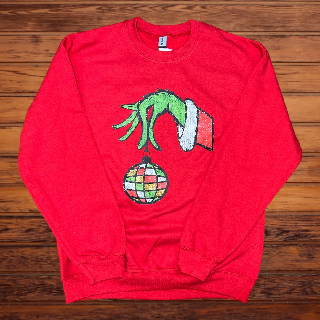 Sparkly Grinch Hand Sweatshirt