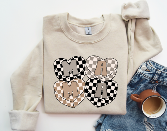 Mama Neutral Checkered Hearts Sweatshirt